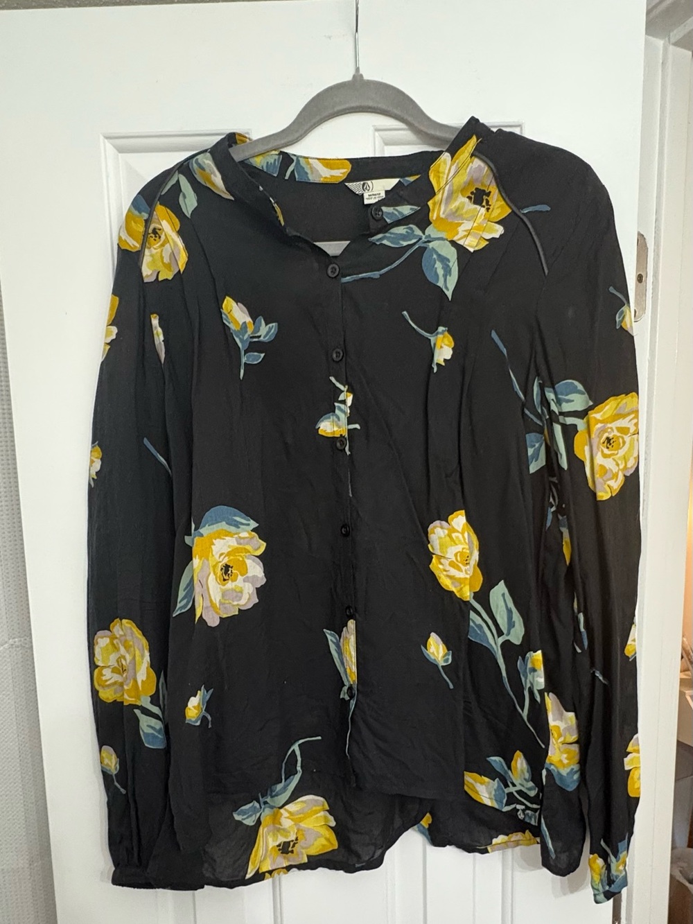 Volcom Black Button-Down Blouse with Yellow Floral Print